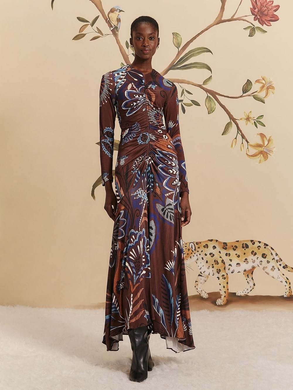 FARM Rio Brown Maxi Dress with Blue Floral Print